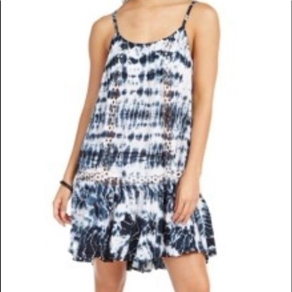 Raviya tie dye spaghetti strap crocheted trim flowy tunic style mini dress - Picture 1 of 10